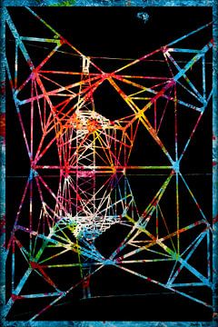 See-through Mast V2, puissante sérigraphie noire d'un mât à haute tension sur une acrylique abstrait sur Dennis Wils