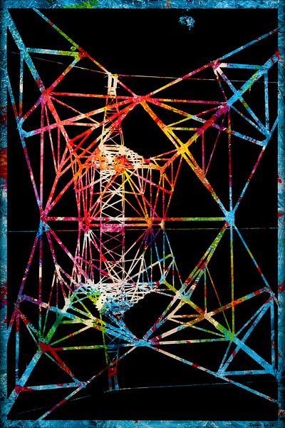 See-through Mast V2, powerful black screen print of high-voltage mast over colourful abstract acryli by Dennis Wils