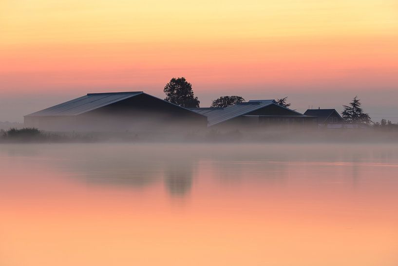 Une ferme à moitié cachée dans une couverture de brouillard matinal par Eelco de Jong