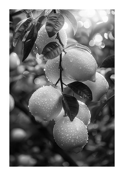 Fresh lemons on a branch with drops of water Macro shot by Poster Art Shop