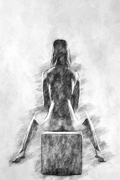 Femme nue assise sur un cube (érotisme, dessin) sur Art by Jeronimo