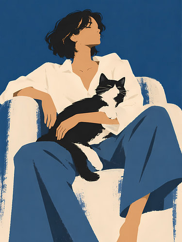 Une femme en blanc avec un chat noir