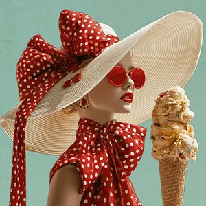 Eine Frau mit großem Hut genießt ein Eis