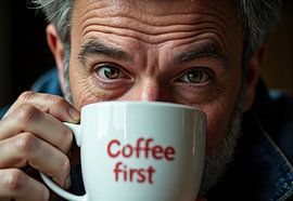 Mann trinkt Kaffee aus Becher mit Text coffee first von Markus Gann