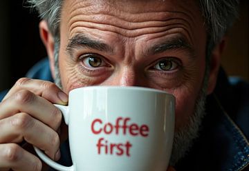 Man die koffie drinkt uit mok met tekst koffie eerst van Markus Gann