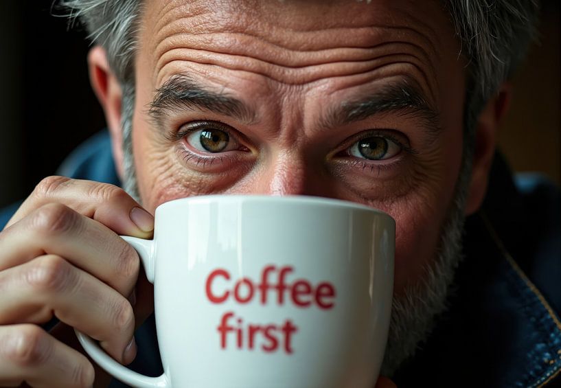 Man die koffie drinkt uit mok met tekst koffie eerst van Markus Gann