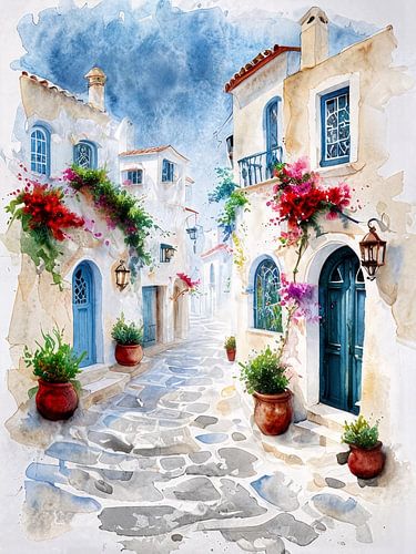 Een aquarel van een smal, geplaveid steegje in een mediterraan dorp