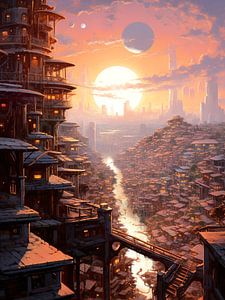 Surrealismus Zukunft Stadt Fluß Himmelskörper Fantasie