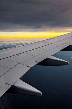 Airplane wing with sunrise by Inge van den Brande