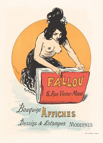 topless vrouw in affiche boekhandel, Auguste Roedel (1869–1900)