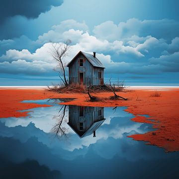 Maison abandonnée sur un lac rouge sur Art Lovers