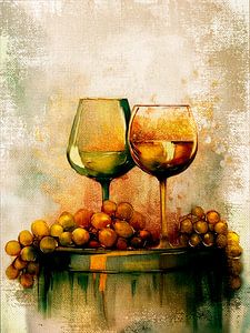 Zeitloses Stilleben mit 2 Gläsern Wein und Trauben