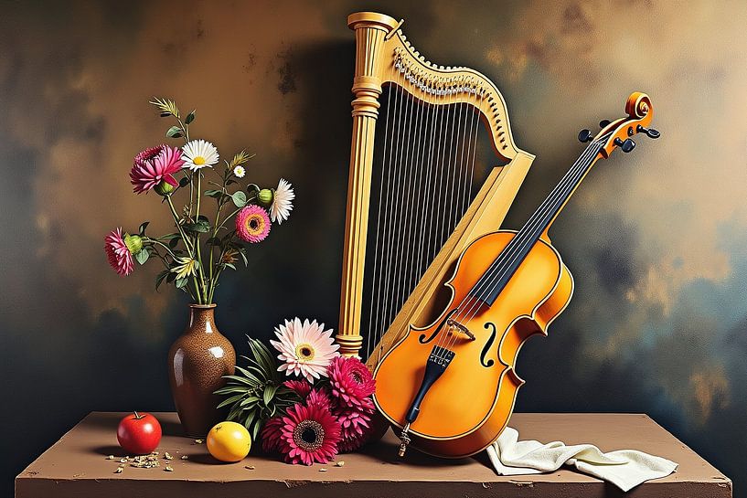 Stilleven met harp en viool van Wandbilder-Shop