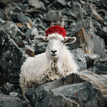 Berggeit met rode wollen muts  van Vlindertuin-Art
