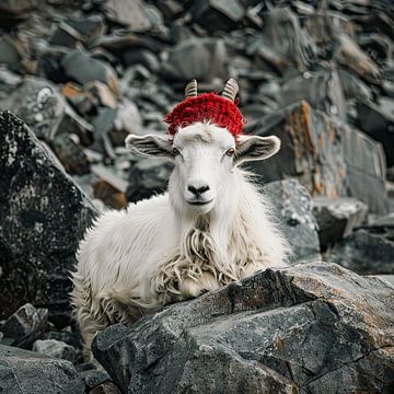 Mountain goat with red wool cap by Vlindertuin Art