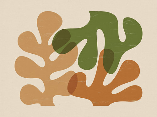 Botanische abstracte achtergrond met organische vormen – Warm zand en mosgroen, minimalistische kunst