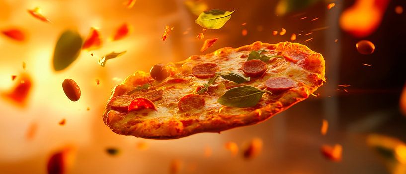 Flying pizza in space fireworks by Poster Art Shop