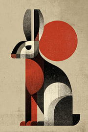 Hase in geometrischen Formen mit roter Sonne und Retro-Stil von Eva Lee