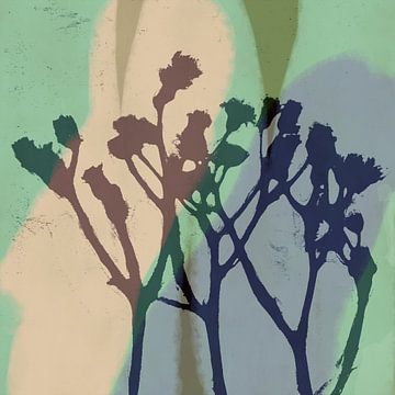 Abstracte retro botanische kunst in groen, blauw, bruin, grijs. van Dina Dankers