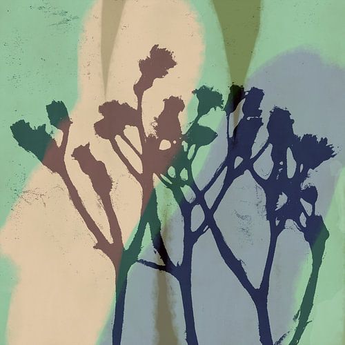 Art botanique rétro abstrait en vert, bleu, marron, gris.