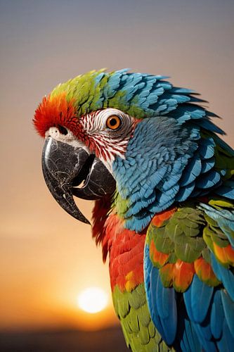 Kleurrijke papegaai bij zonsondergang kunstfoto