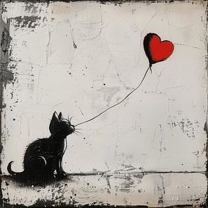 Katze mit Luftballon (Herz) künstlerisch