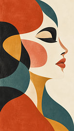 Portrait de femme aux tons terreux, terracotta, bleu sarcelle et « & » - Affiche abstraite moderne de style Bauhaus