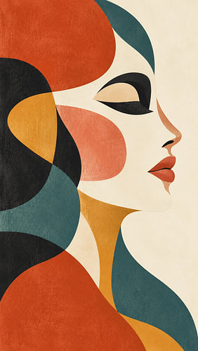 Earthy Terracotta & Teal Woman Portrait - Modern Bauhaus Abstract Poster