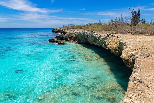Landschap met rotsachtige kust en ondiepe zee op het eiland Bonaire
