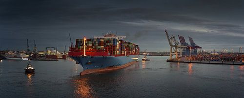 Container ship in the harbour at dusk