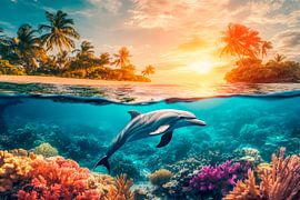 Delfin bei Sonnenuntergang im Korallenriff von Poster Art Shop