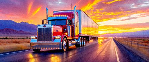 Rode Amerikaanse truck in digitaal schilderij: snelheid, chroomreflecties en het vloeiende licht van de ondergaande zon over een met regen doordrenkte snelweg, rotsen en bergen in de verte