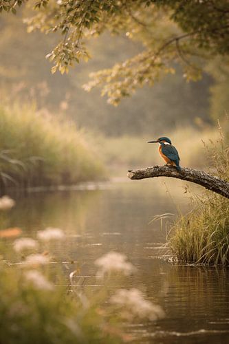 Rustige IJsvogel aan de Oever – Zacht Gouden Licht in een Dromerig Natuurlandschap