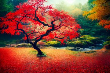 Esdoorn met rode bladeren schilderij, illustratie van Animaflora PicsStock