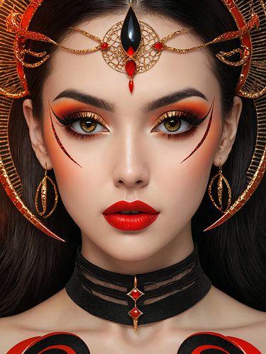 La Reina Roja – De Rode Koningin | Luxe Vrouwenportret in Rood, Zwart en Goud