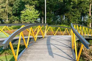 Moderne Fußgängerbrücke im Park – Gelbes Design in der Natur