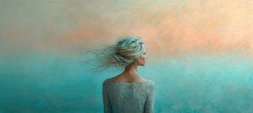 Vrouw Pastel Portret | Whispering Aqua Elegance van Kunst Kriebels