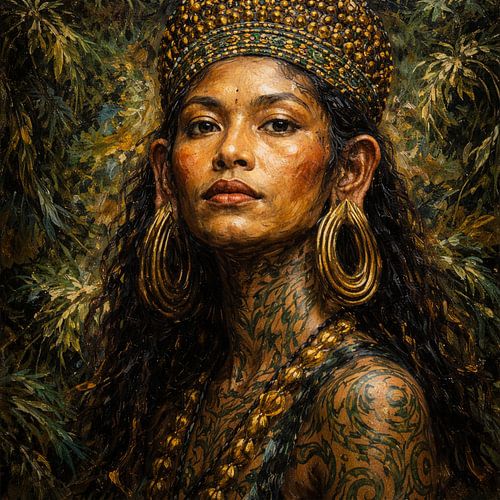 Portret van de met een gouden kroon getooide junglekoningin