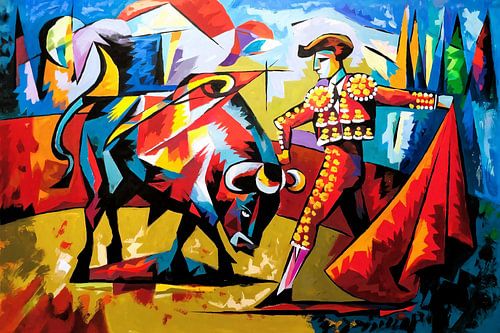 Kleurrijk abstract stierengevecht schilderij