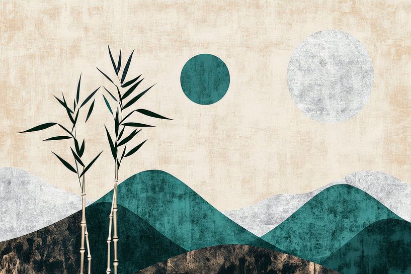 Bamboo and mountain landscape in soft colours by Poster Art Shop