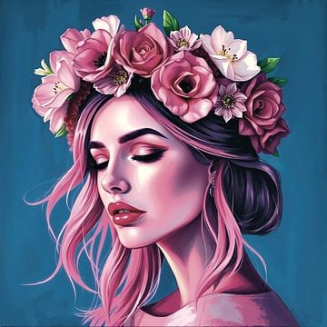 Vrouw met bloemen in haar, roze en blauw van Jan Bouma