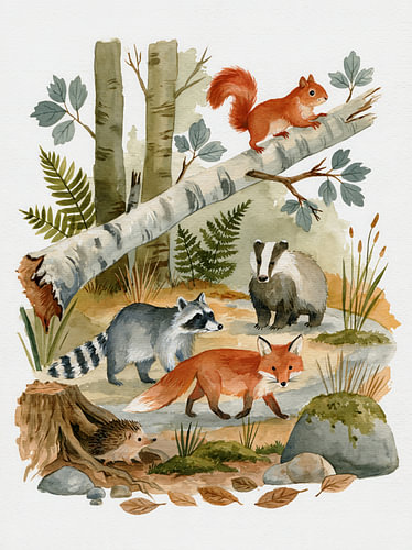 Les amis de la forêt dans la forêt de bouleaux – Le renard, le blaireau et leurs amis avant l'hiver