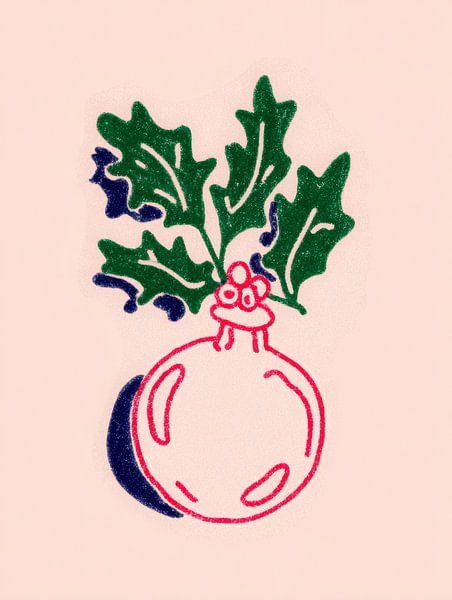 Minimalistische kerstbal illustratie met hulstbladeren en bessen van But First Framing