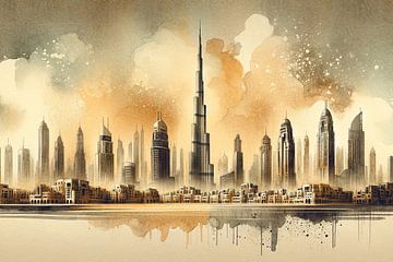 Skyline van Dubai: Artistieke impressie bij schemering van artefacti