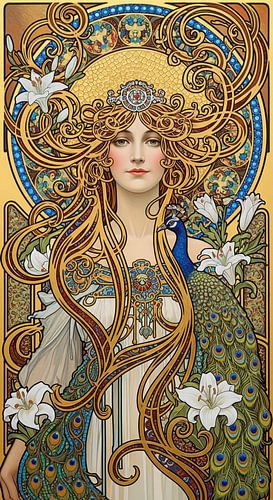 Portret in Art Nouveau-stijl van een vrouw met pauw en lelies