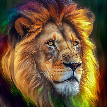 Portrait d'un lion aux cheveux multicolores, illustration sur Animaflora PicsStock