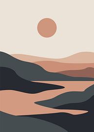 Illustration vectorielle minimaliste représentant des vallées fluviales sinueuses et des silhouettes de montagnes en couches, dans des tons terreux discrets.