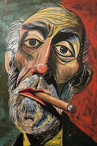 Portrait abstrait avec des couleurs vives et un cigare