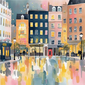 Watercolour painting of a street scene in London – streetlights & a telephone box by Niphion Art