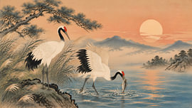 Japan Cranes Fishing at Sunset by my pixel art